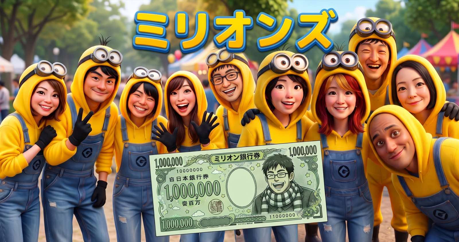 黄色いパーカーとデニムのオーバーオール姿のミリオンズのメンバーが、100万円の札を持って笑っている